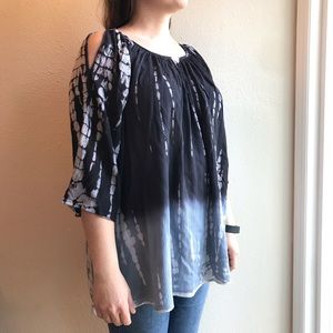 Flowy cold shoulder blue and grey blouse
